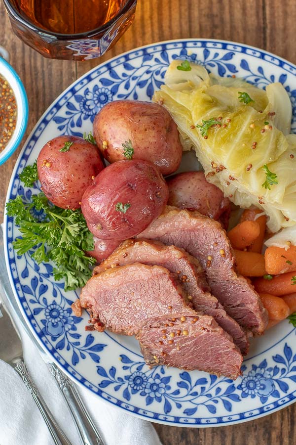 overhead shot of a plate of corned beef and cabbage