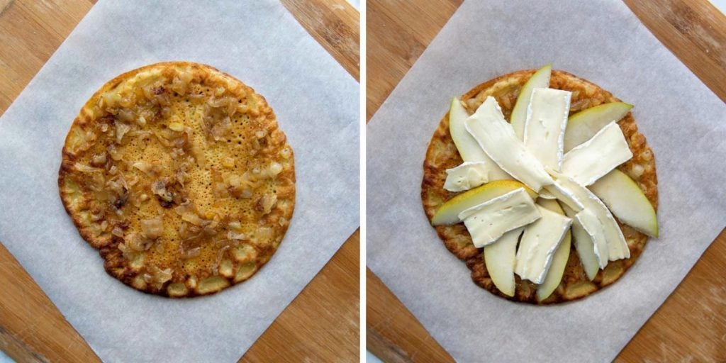 images showing how to make socca pizza with pears