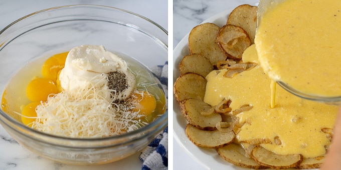 images showing ingredients for filling on potato frittata and it being poured in potato crust
