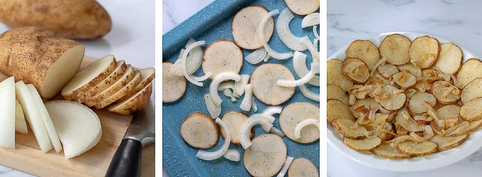 images showing how potatoes and onions are sliced and prepared to make potato frittata
