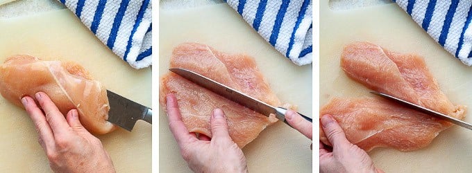 images showing steps of how to butterfly chicken and make cutlets