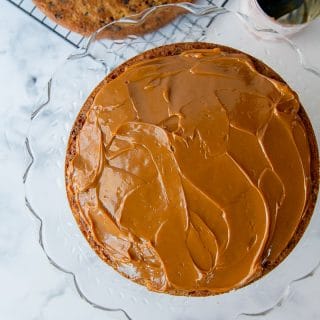 caramel spread over one cake layer