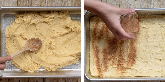 step by step photos showing how to make snickerdoodle bars