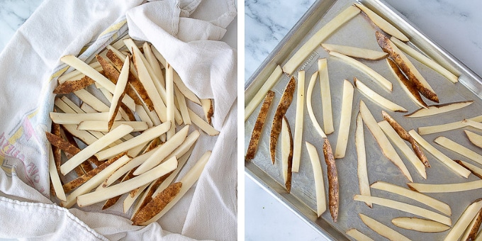 images showing last 2 steps of how to make crispy oven fries 