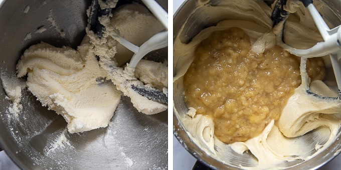 images showing butter and sugar creamed and bananas being added to cake batter