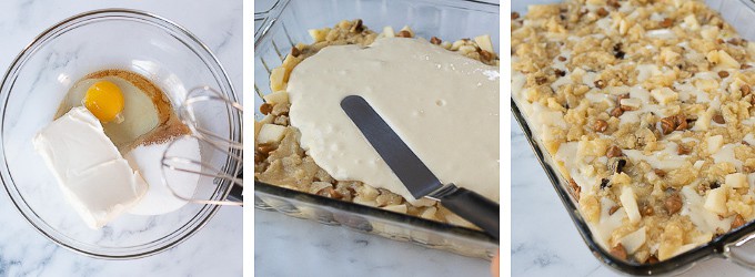images showing how to make caramel apple cheesecake bars