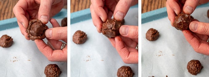shots showing steps how to stuff fudge into these easy Nutella Cookies