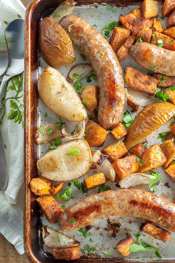 Roasted Sausage, Pear, Sweet Potato Sheet Pan Dinner shown on a sheet pan from overhead