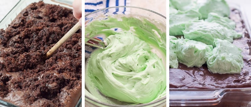 images showing how to make mint chocolate pudding poke cake