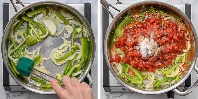 step by step photos showing how to make mexican fish - sauteing veggies and adding tomatoes and seasonings