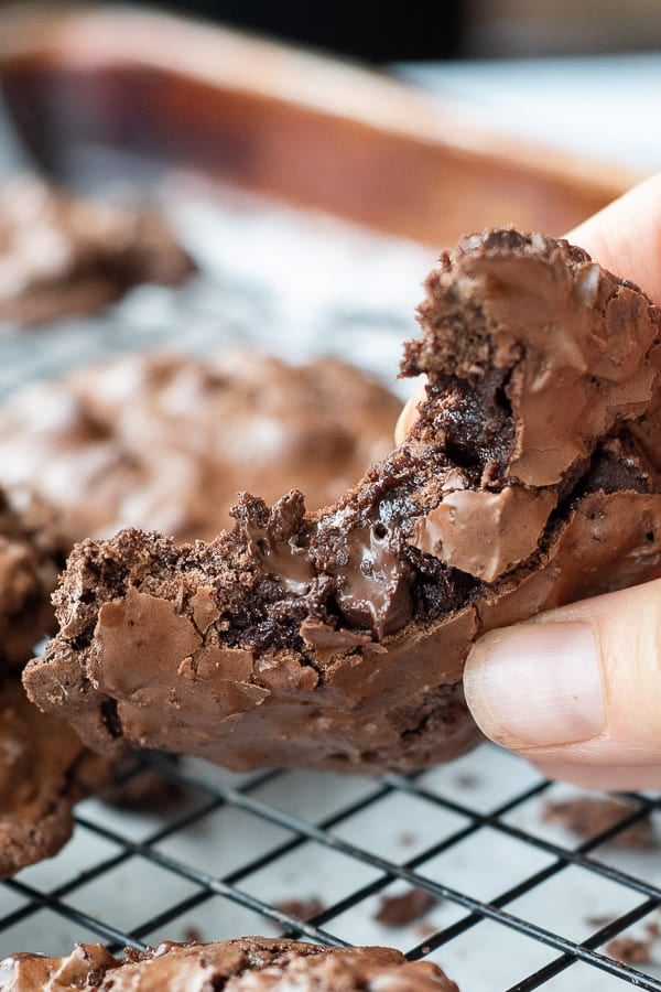 a fudgy flourless chocolate cookie being held up with a bite taken out