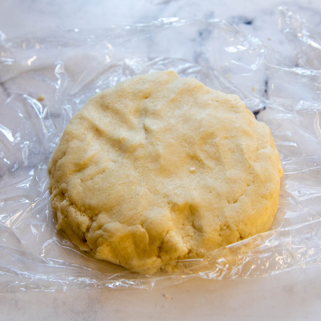 a thick disc of pie dough on plastic wrap.