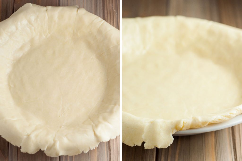 images showing pie crust in laying in a pie plate, uncrimped