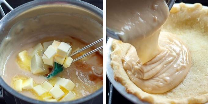 how to make custard pie and it being poured into a pie crust
