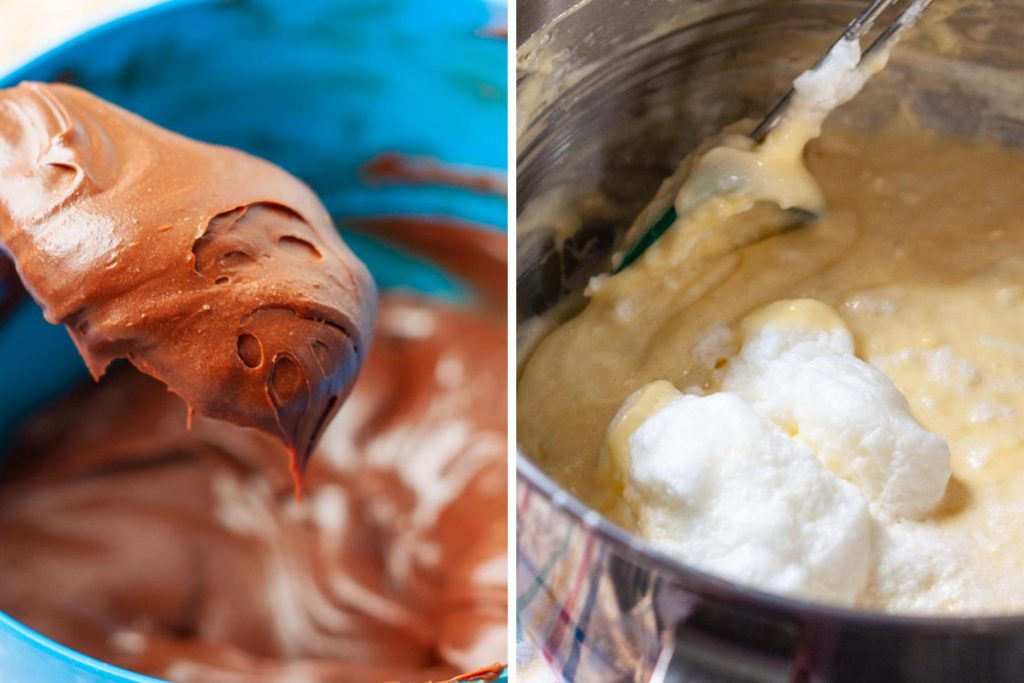 images showing the ganache and folding cake batter