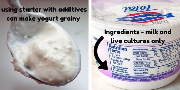 side by side shots showing grainy yogurt from bad starter and what ingredients to look for in starter
