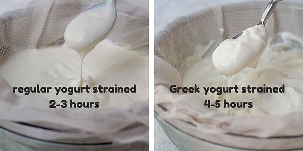 side by side shots showing what yogurt looks like strained for 2 hours and 5 hours