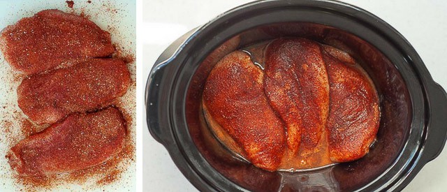 side by side shots showing process of making BBQ pulled chicken