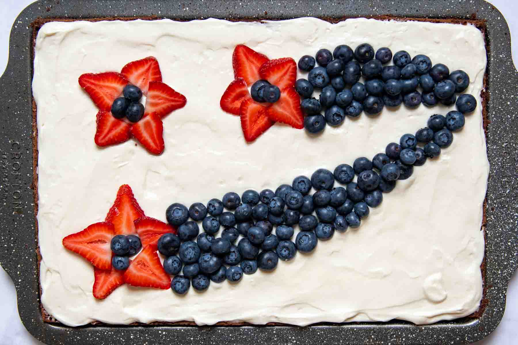 overhead shot of red, white, and blue decoration on brownies
