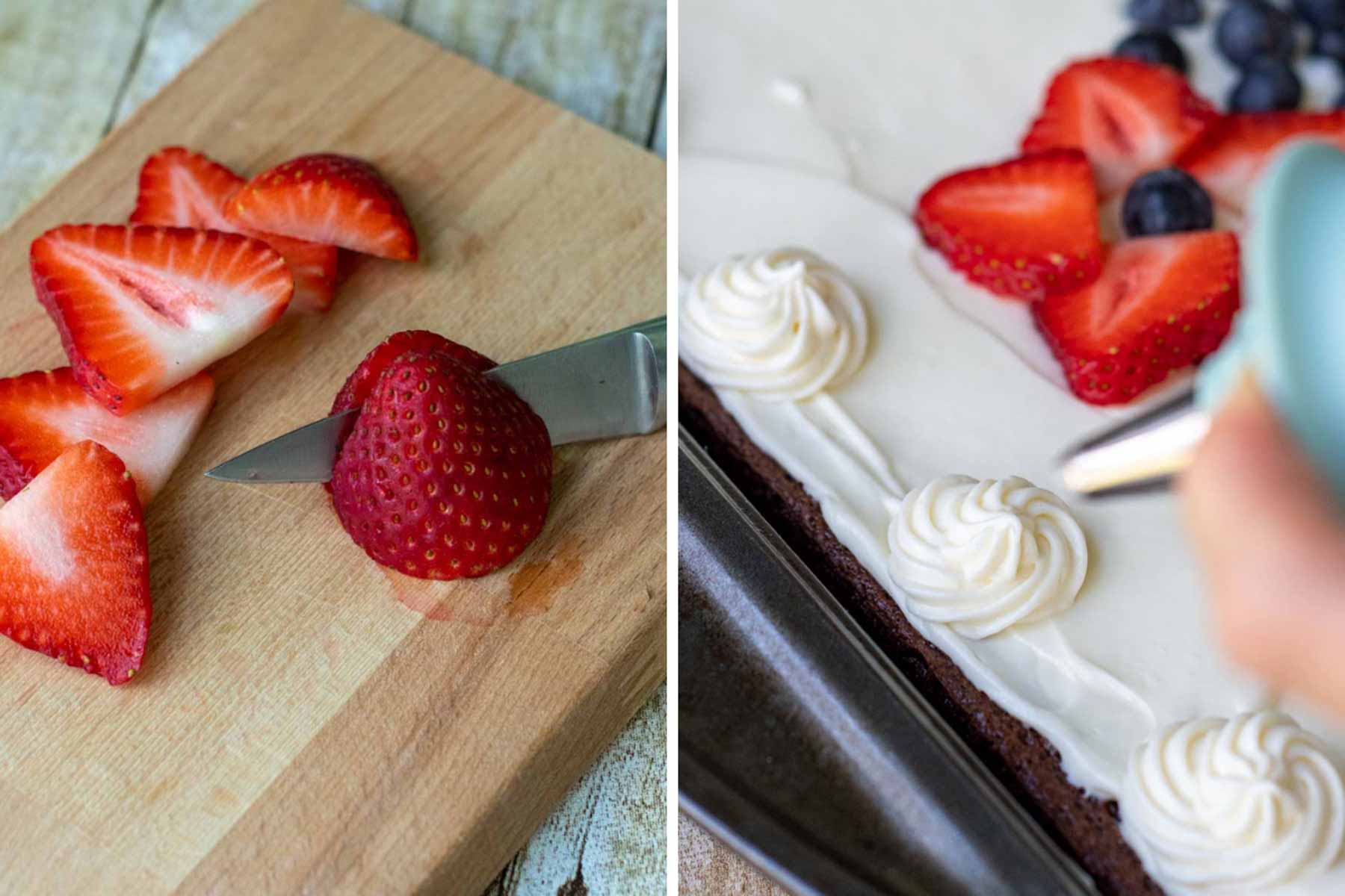 images showing how to cut strawberries and piping on frosting
