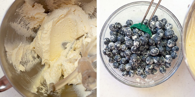 images showing how butter and sugar should be creamed together and blueberries dusted with flour 