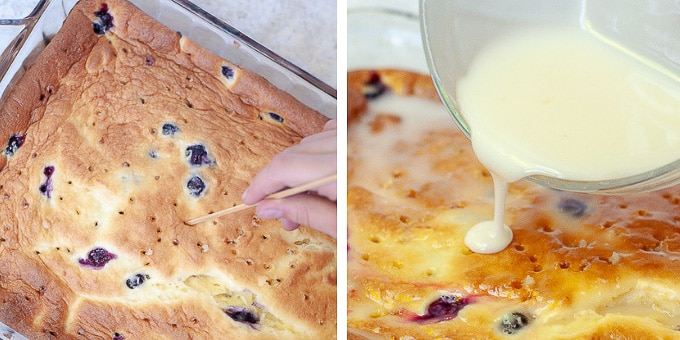 images showing how holes are poked and lemon drizzle is poured over warm cake 