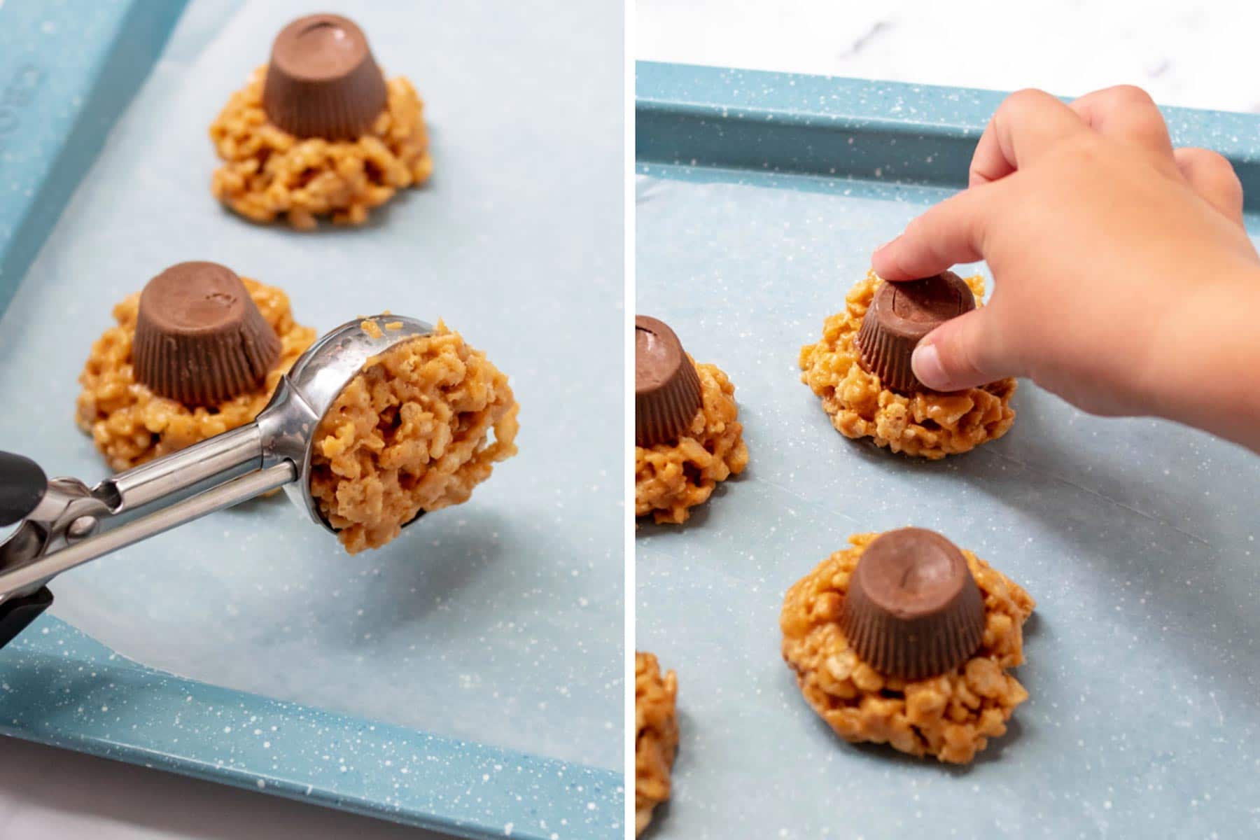 image showing it being scooped on baking sheet and peanut butter cup placed on