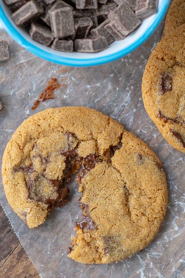 a ginger molasses cookie broken open with melted chocolate chips