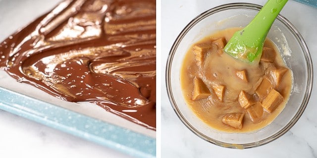 process shots showing how to make salted caramel chocolate bark