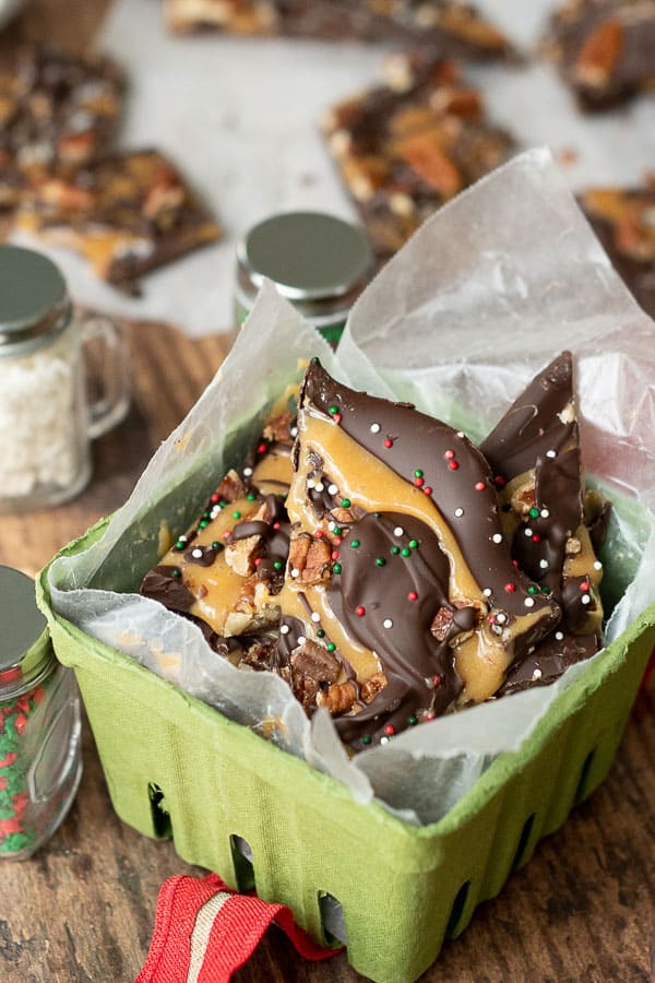 salted caramel chocolate bark in a green gift box
