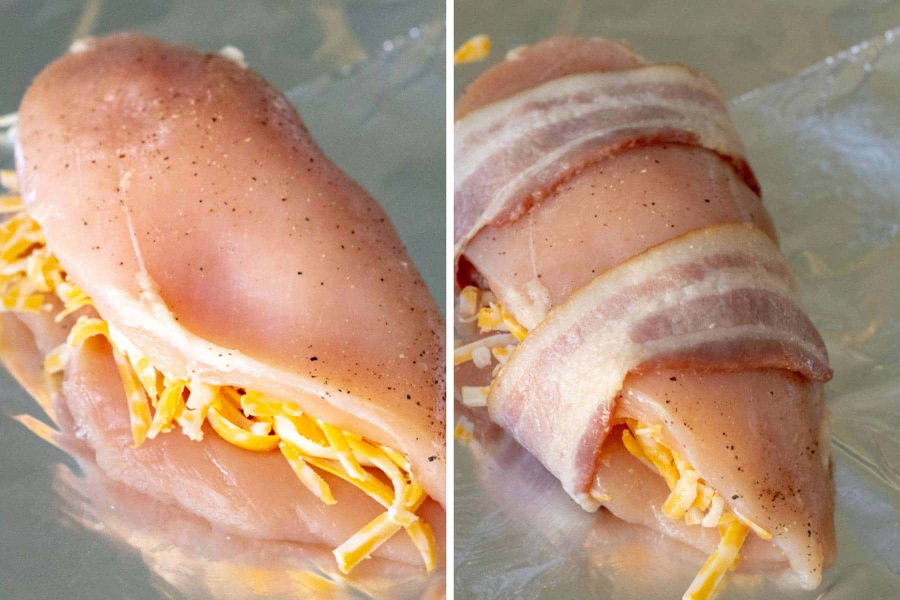 uncooked chicken breasts with bacon wrapped around it