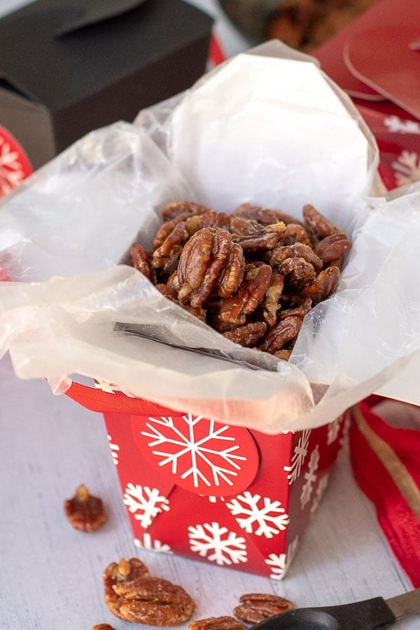 candied pecans in a gift box ready to give someone
