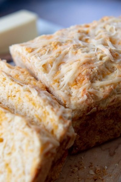 an up close shot of the top of quick cheese bread