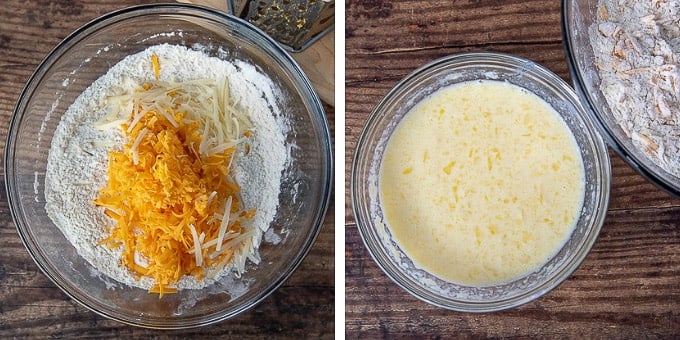 first two steps of making quick cheese bread, mixing dry and wet ingredients in separate bowls