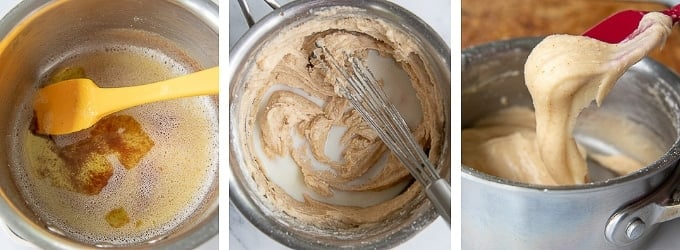 photos showing how to make brown butter frosting for banana bars