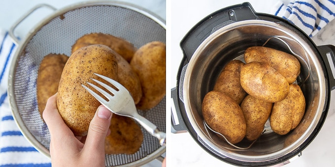 photos showing how to make instant pot baked potatoes step by step