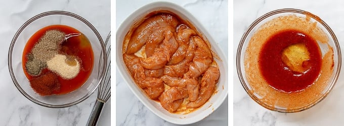 steps showing how to marinate buffalo chicken
