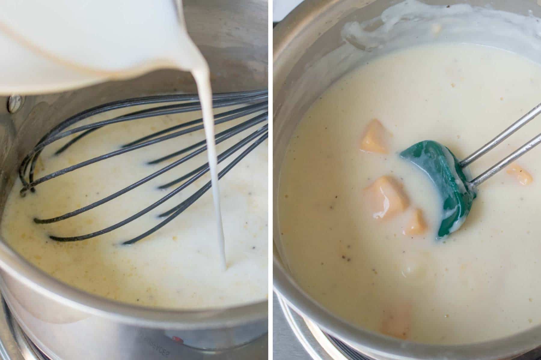 milk being poured in sauce pan and velveeta cheese melting