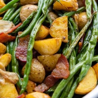 close up of bean and potato side dish.