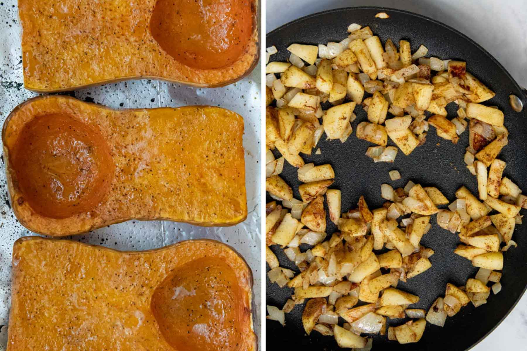 images showing roasted squash and sauteed apples