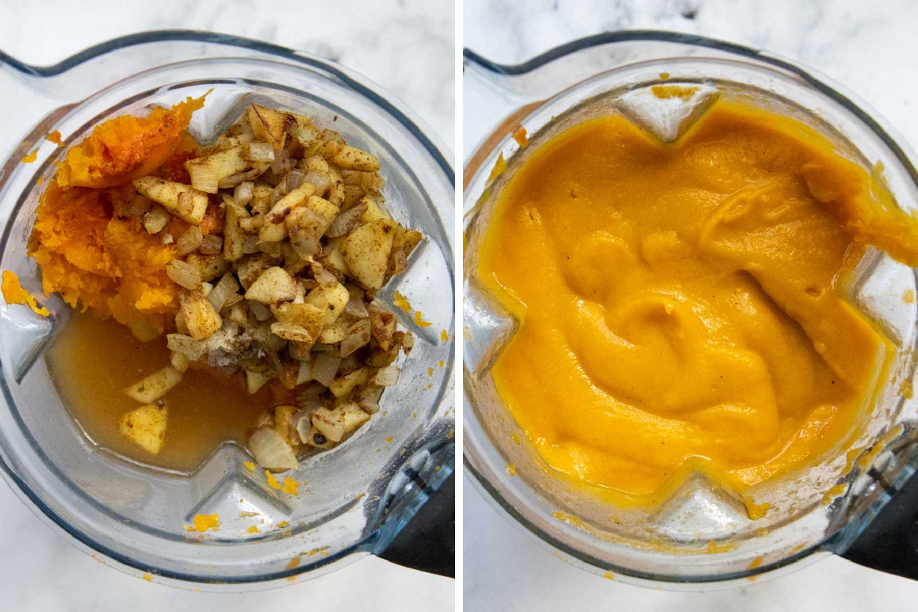 images showing how to blend together butternut squash soup