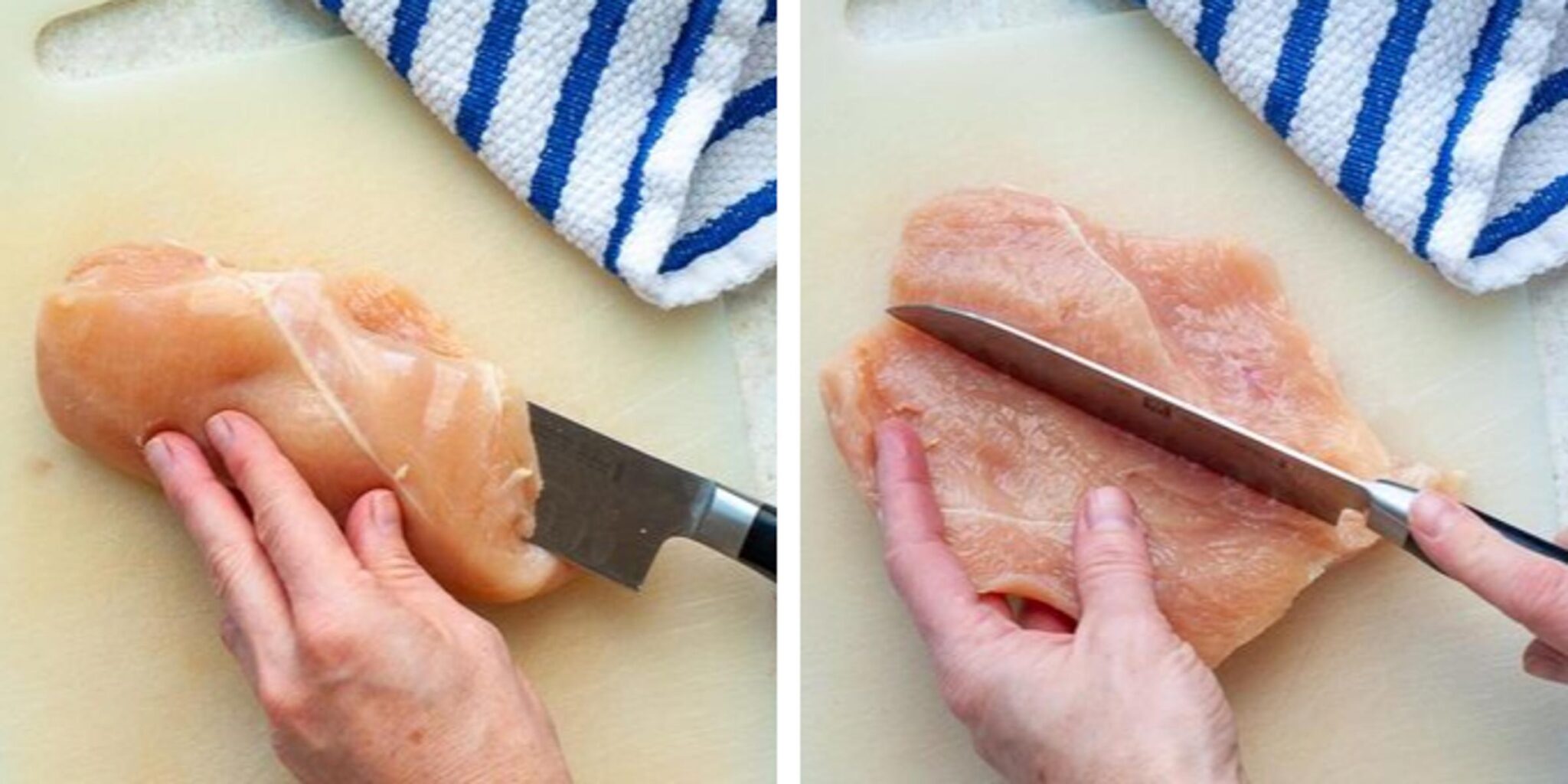 images showing how to butterfly a chicken breast.
