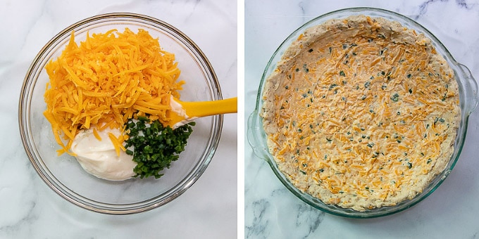 images showing how to mix cheese mayo filling for tomato cheese pie