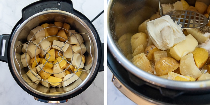 images showing how to make mashed potatoes in the pressure cooker to cook with meatloaf