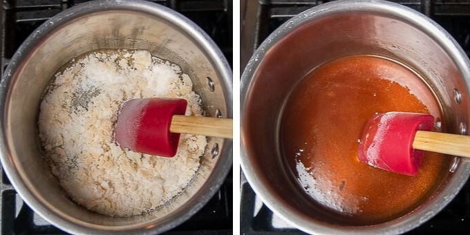 images showing how to make salted caramel for snickers pie