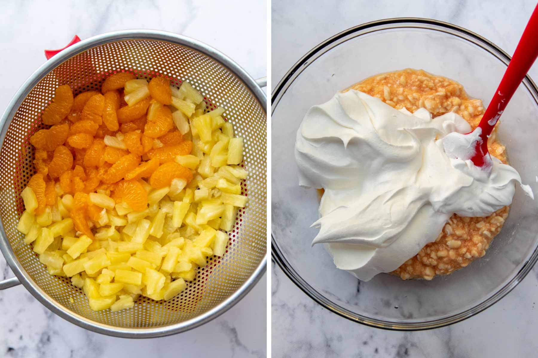images showing the fruit draining in a colander and the fluff ingredients being mixed.