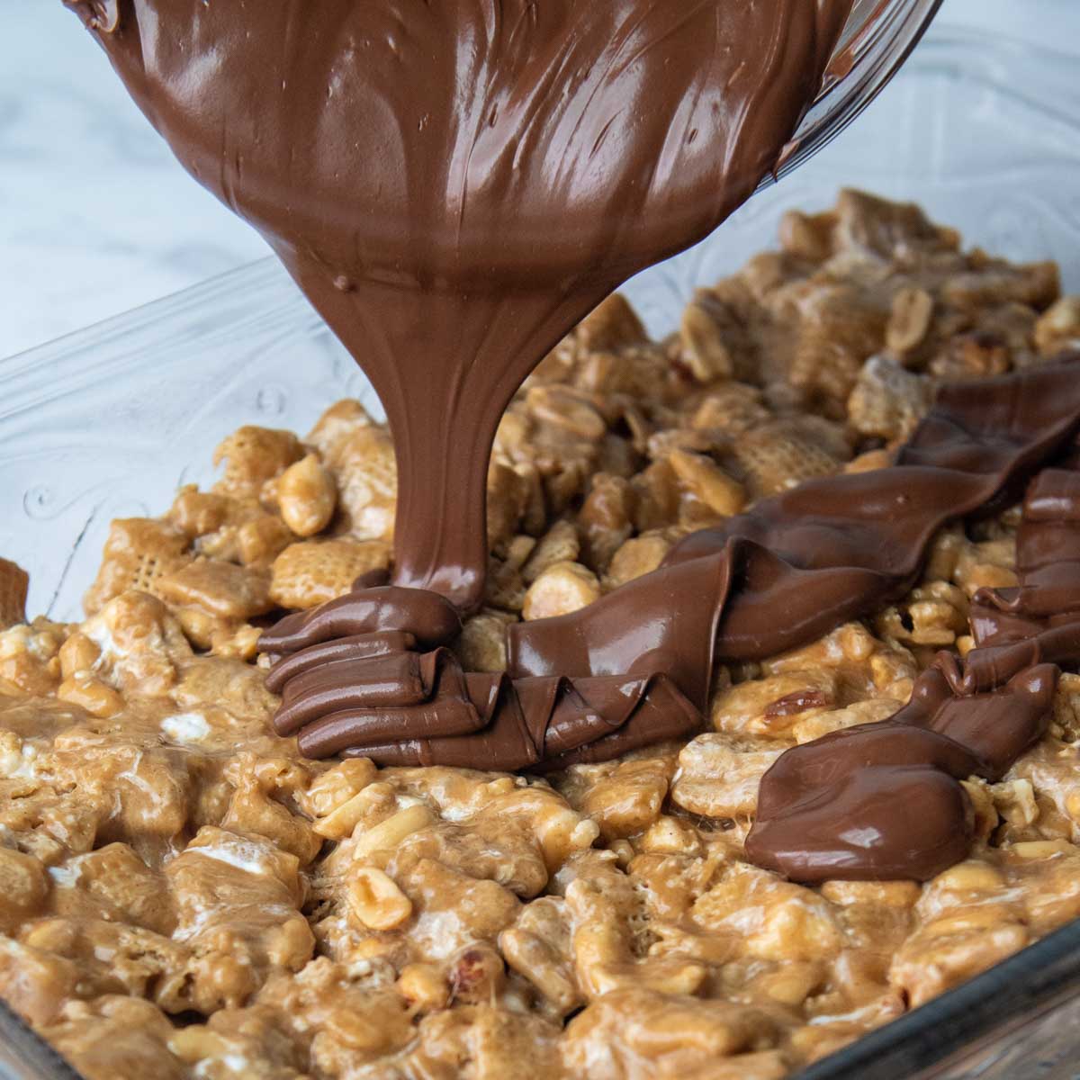 chocolate butterscotch mixture poured over the Chex bars.