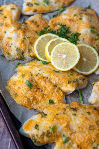 parmesan crusted tilapia on a baking sheet with lemon slices on top