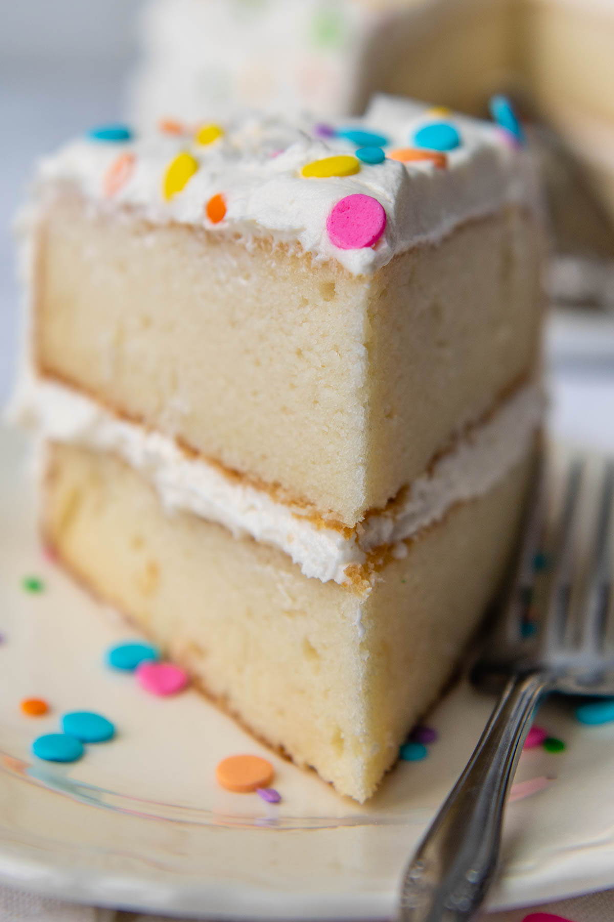a slice of white cake facing straight on camera.