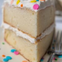 straight on shot of a slice of vanilla cake